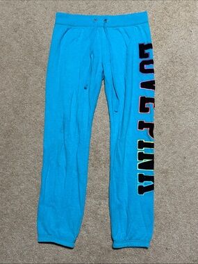 PINK Blue Sweatpants with Multicolor Side Lettering